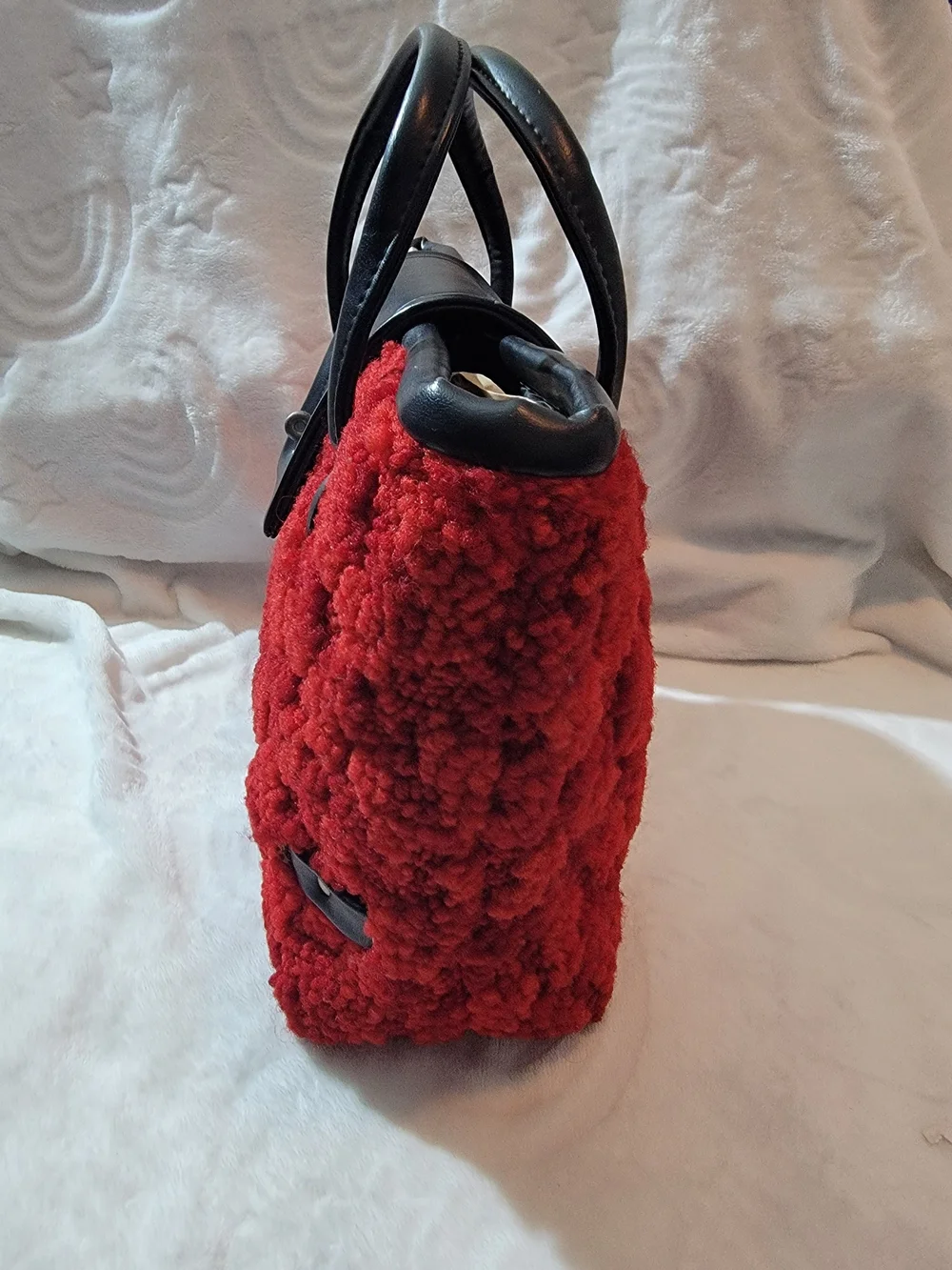 Vintage 60's Carpet Red Faux Shearling  Bag with Black Trim